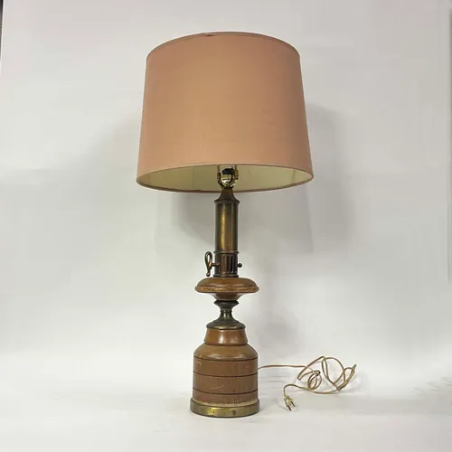 Antique Wood & Brass Table Lamp with Pink Shade - LI88