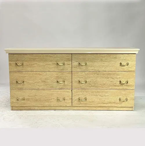 Beige Faux Marble 6-Drawer Dresser with Gold Drapery Handles