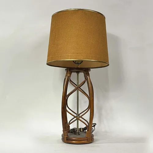 Vintage Bamboo Table Lamp with Orange & Gold Shade - LI91