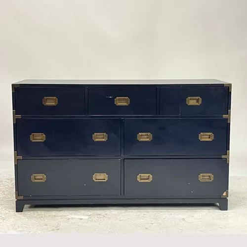 Navy Lacquer & Brass 7-Drawer Campaign Dresser