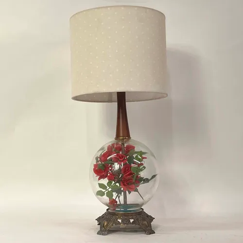 Glass Encased Rose Table Lamp with Polka Dot Shade - LI326