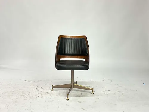 Vintage Mid-Century Brody Danish Black Leather & Walnut Bentwood Barrel Swivel Chair