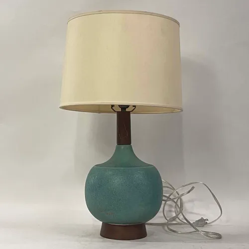 Teal Ceramic & Wood Table Lamp with Cream Shade - LI306