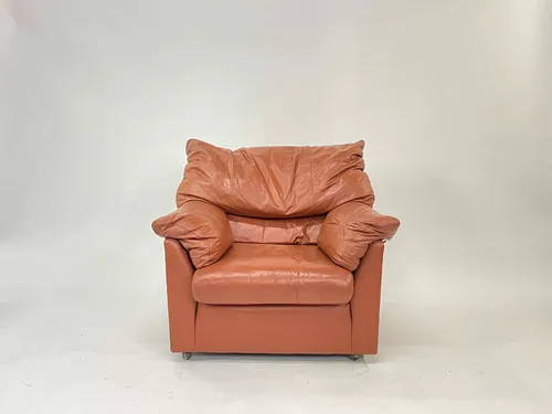Orange Leather Pillow Arm Wide Lounge Chair