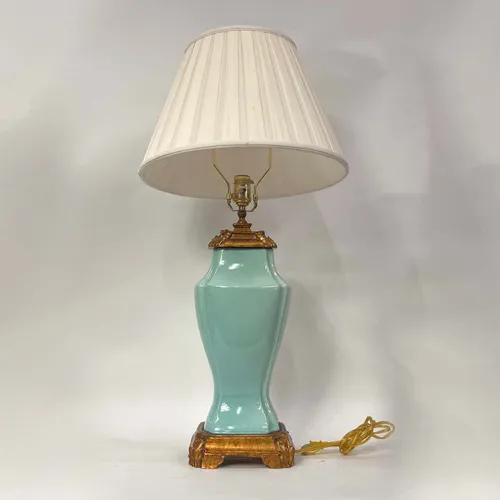 Turquoise Glass & Gold Table Lamp with Pleated Shade - LI142