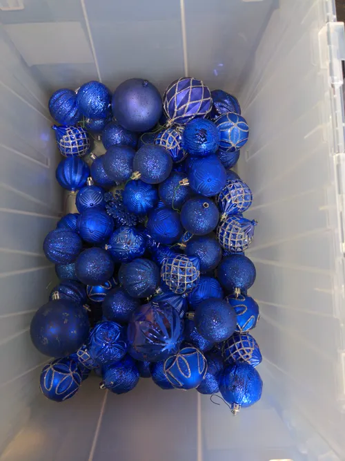 Bin of Assorted Dark Blue Ornaments