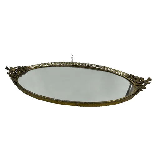 Antique Glass Mirror Tray with Brass Hummingbird Handles - TR497