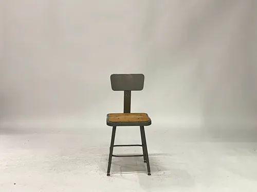 Round Gray Metal Counter Stool with Backrest & Wood Seat