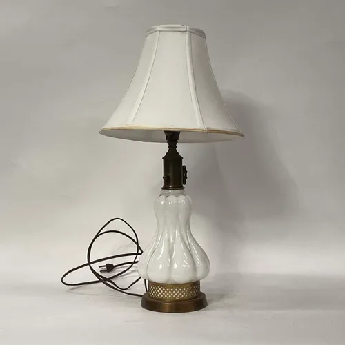 Antique White Glass & Brass Table Lamp with White Shade - LI126