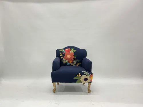 Navy Blue Lounge Chair with Large Floral Embroidery