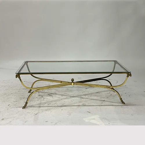 Mid-Century La Barge Ram's Head Clawfoot Brass & Glass Coffee Table