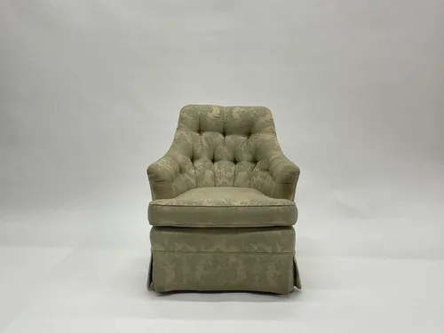 Beige Damask Print Tufted Armchair