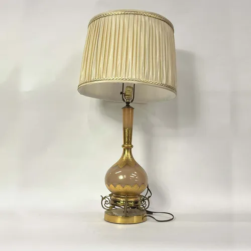 Beige & Gold Leaf Bottleneck Table Lamp with Pleated Shade - LI76