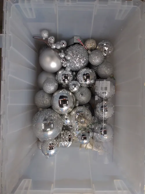Bin of Assorted Silver Ornaments