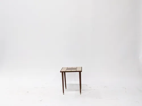 Square White Mosaic Tile & Wood Side Table
