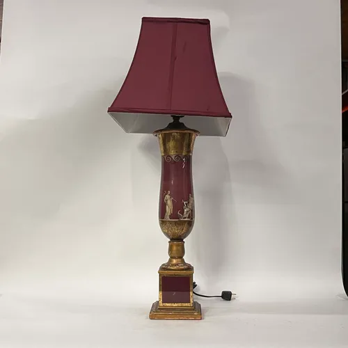 Antique Burgundy & Brass Greek Figure Table Lamp with Matching Shade - LI183