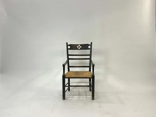 Arts & Crafts Floral Cutout Armchair with Woven Rattan Seat