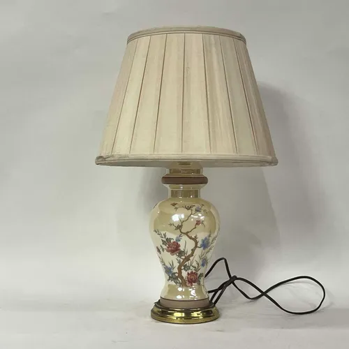 Cream Table Lamp with Oriental Floral Pattern & Pleated Shade - LI85