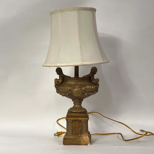 Brown Stone Cherub Trophy Table Lamp with White Shade - LI211