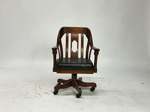 Antique Mahogany Bankers Office Chair with Black Leather Seat