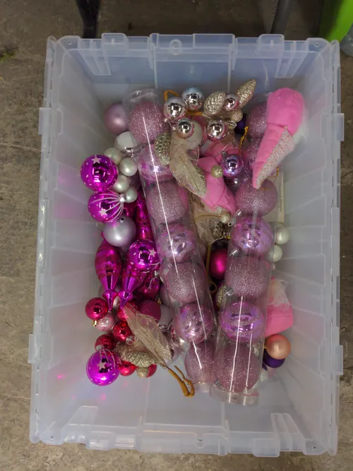 Bin of Assorted Pink Ornaments