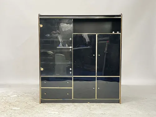 Vintage Black Lacquer & Brass Media Cabinet