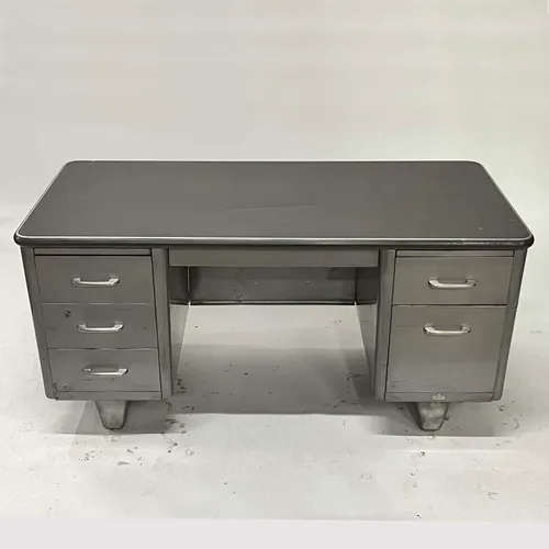 Vintage Mid-Century 5-Drawer Gray Tanker Desk with Pontoon Legs