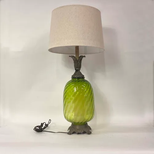 Vintage Green Glass & Iron Table Lamp with Beige Shade - LI328