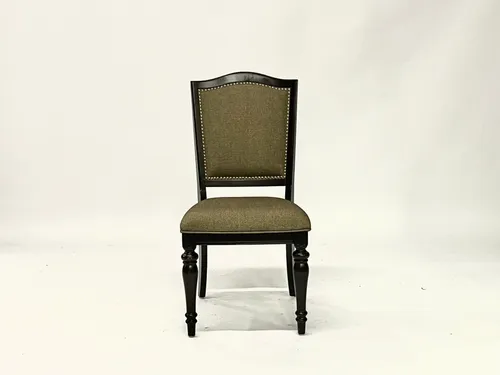 Dark Wood & Olive Green Upholstered Studded Dining Chair