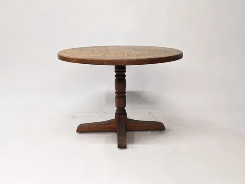 Round Parquet Wood Pedestal Dining Table