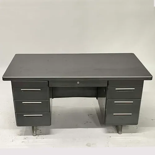 Vintage Mid-Century 6-Drawer Gray Tanker Desk with Arch Legs