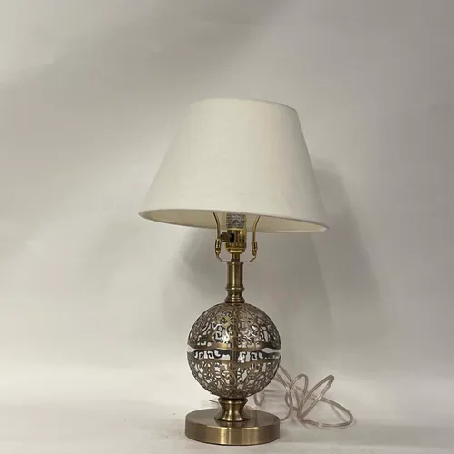 Brass Cutout Glass Sphere Table Lamp with White Shade - LI225