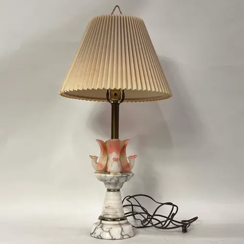 1920s Pink & White Marble Birds Table Lamp - LI203