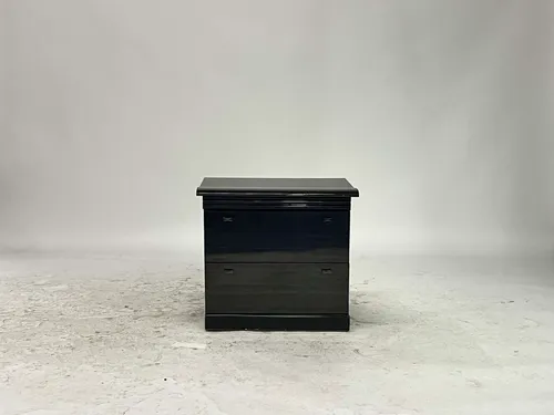 Vintage Glossy Black 2-Drawer Nightstand with Small Bow Knobs