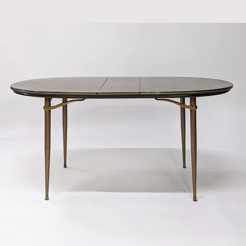 1950s Dark Walnut & Bronze Oval Extending Dining Table