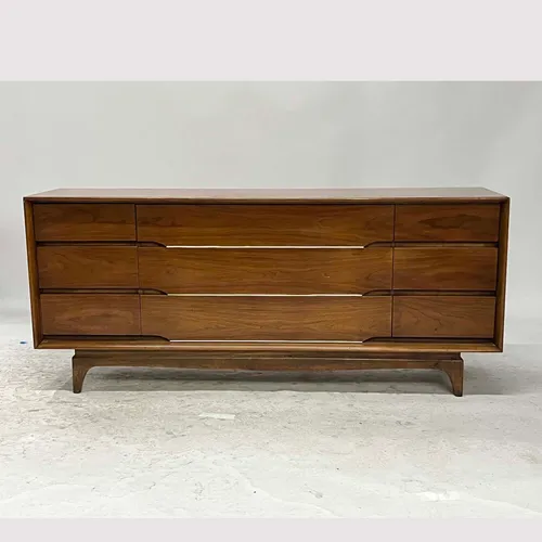 Vintage Mid-Century Modern Walnut & Silver Lowboy 9-Drawer Dresser