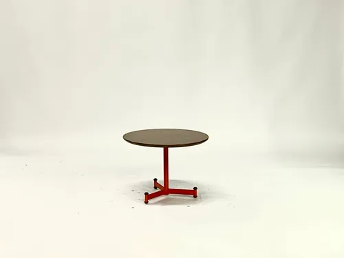Round Walnut Accent Table with Red Tripod Base