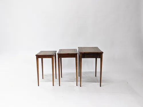 Antique Wood Nesting Side Tables with Gold Inlay, Set of 3