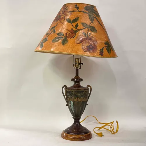 Wood Trophy Cup Table Lamp with Orange Antique Floral Shade - LI154