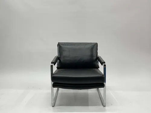 Modern Black Leather Armchair with Steel Frame