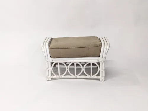 White Wicker Ottoman with Tan Cushion
