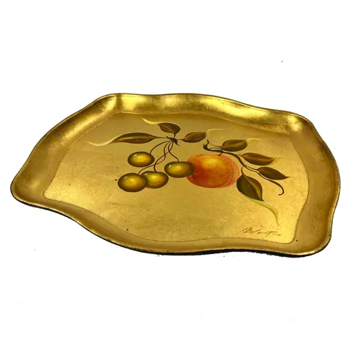Vintage Gold Leaf Peach & Cherries Serving Tray - TR417