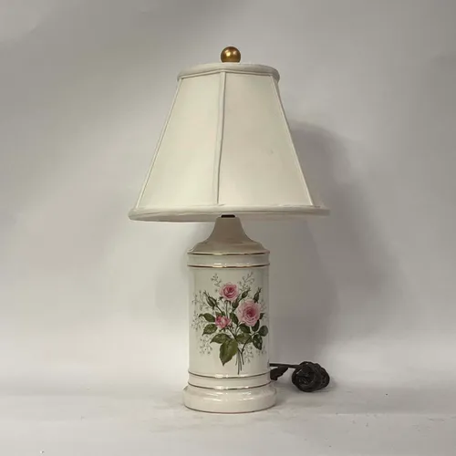 White Ceramic Table Lamp with Pink Roses & White Shade - LI177