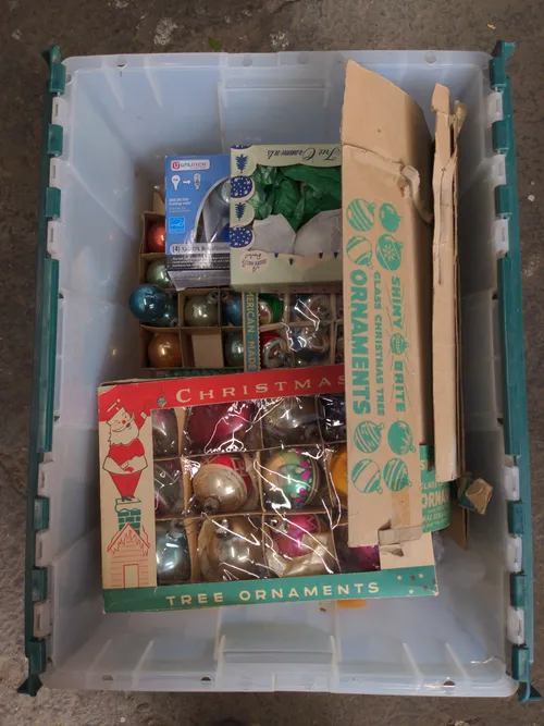 Bin of Assorted Glass Christmas Ornaments