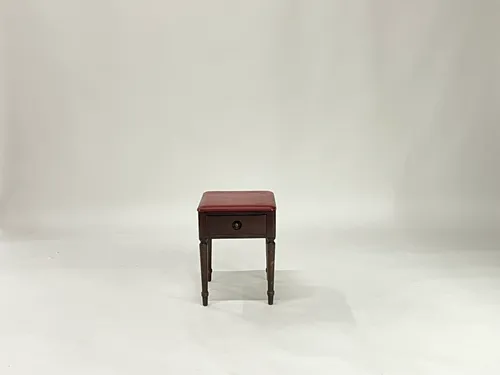 Wood & Red Leather Vanity Stool with Drawer