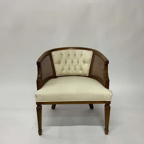 Wood & White Upholstered Barrel Chair with Cane Sides - SEB358