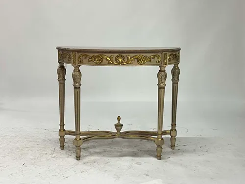 Gold Carved French Antique Demilune Console Table with Marble Top