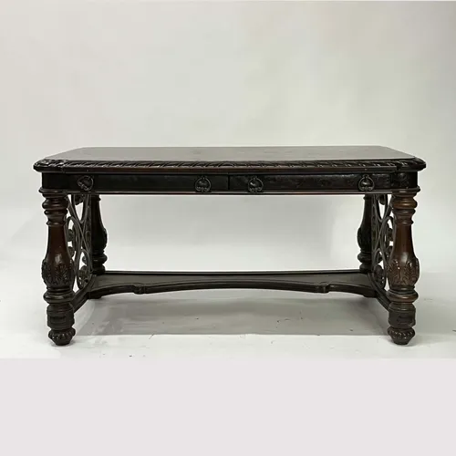 Traditional Carved Dark Oak & Iron 2-Drawer Library Table