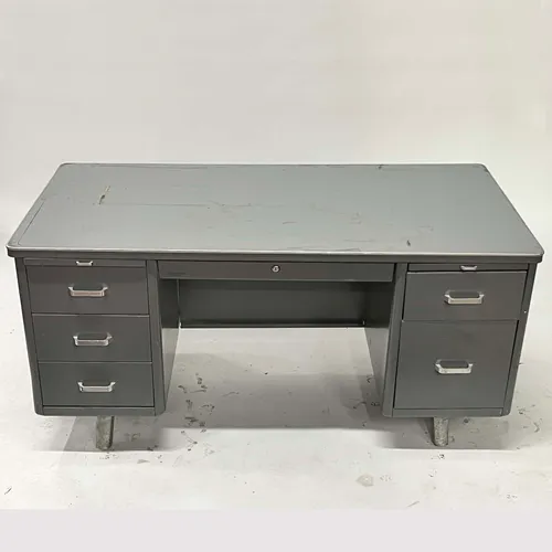 Vintage Mid-Century 5-Drawer Gray Tanker Desk with Arch Legs