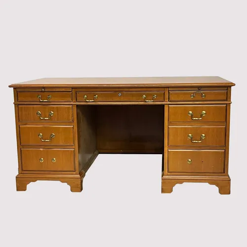 Traditional Solid Oak 9-Drawer Executive Desk with Brass Handles